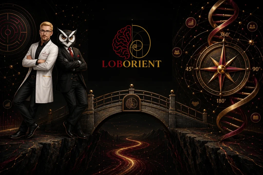A Loborient vizuális világa – Prof. Lobius és Dr. LabIrintus, Rendszerhíd, DNS-spirál és 360°-os iránytű